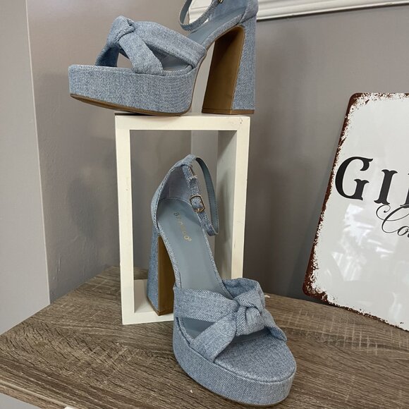 Shoes - Blue Jean Platform High Heels with Bow